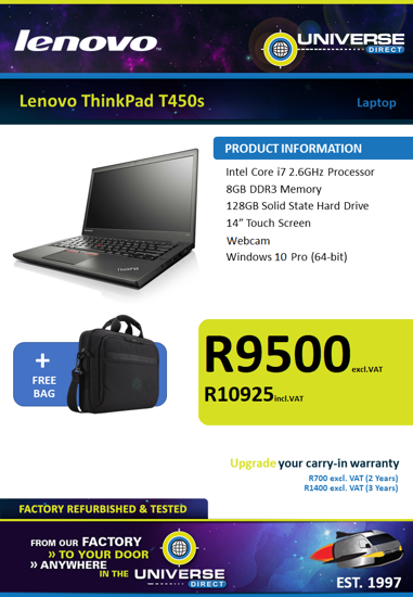 Lenovo ThinkPad T450s i7 8GB 128GB W10P Touch Laptop | Universe Direct