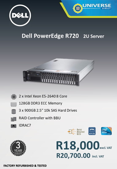 Picture of Dell PowerEdge R720 2 x Xeon E5-2640 8C 128GB 3x900GB 2U Server