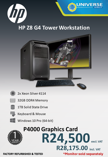 Picture of HP Workstation Z8 G4 2x XEON SILVER 4114 32GB 1TB W10P P4000 Graphics Card