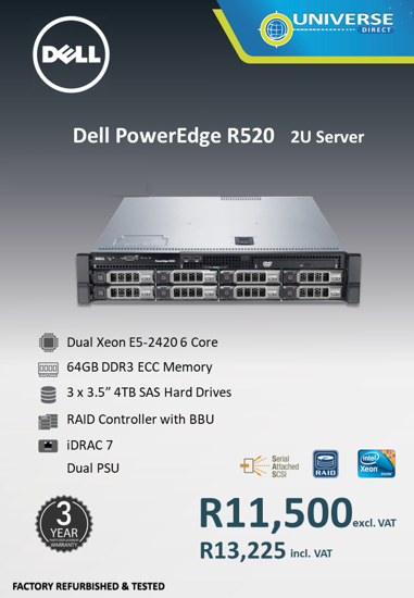 Picture of Dell PowerEdge R520  2x Intel Xeon E5-2420 6C 64GB Memory  3x 4TB SATA SSD  2u Server