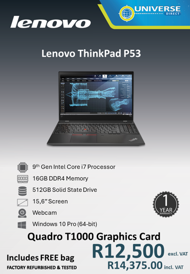 Picture of Lenovo ThinkPad P53 i7 9th Gen 16B 512GB W10P T1000 Graphics Card Laptop