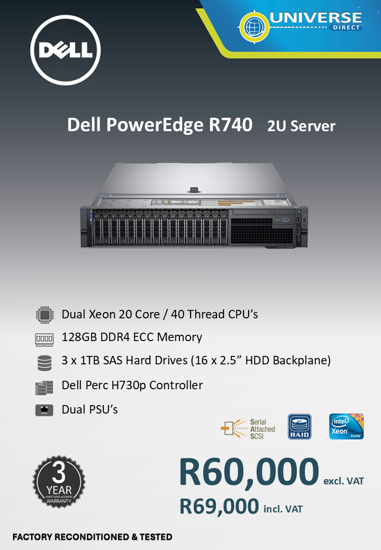 Picture of Dell PowerEdge R740 Dual Xeon Gold  20C 128GB 3x 1TB SSD  Server