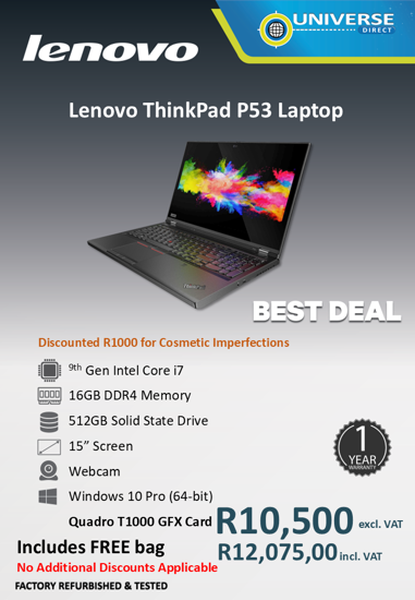 Picture of BEST DEAL - Lenovo ThinkPad P53 i7 9th Gen 16GB 512GB  W10P T1000 GFX Laptop