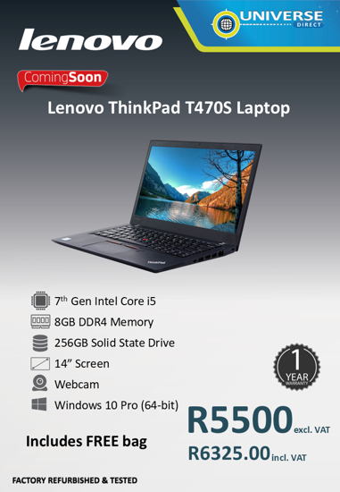 Picture of ARRIVING SOON - Lenovo ThinkPad T470S i5 7th Gen 8GB 256GB W10P