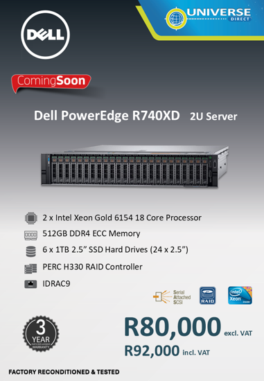 Picture of ARRIVING SOON - Dell PowerEdge R740XD Dual Xeon Gold  6154 18C 512GB 6x 1TB SSD Server