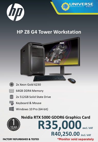 Picture of HP Workstation Z8 G4 2x XEON GOLD 6230 64GB 2x 512GB SSD  W10P RTX5000 Graphics Card