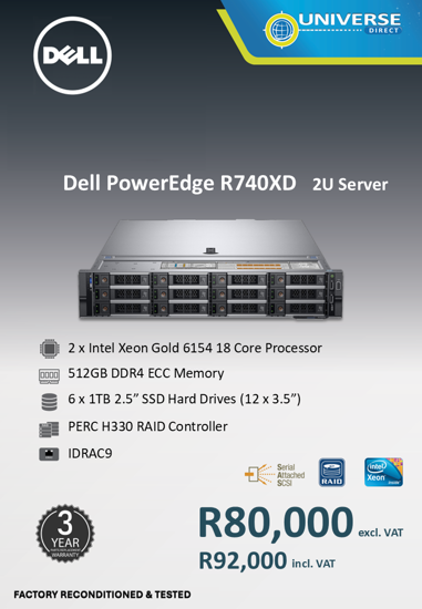 Picture of Dell PowerEdge R740XD Dual Xeon Gold  6154 18C 512GB 6x 1TB SSD Server