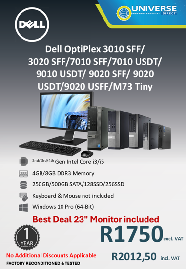 Picture of Dell OptiPlex 3010 SFF, 3020 SFF, 7010SFF, 9010 USDT, 9020 SFF, 9020 USDT, 9020 USFF, Lenovo m73 Tiny Combo Deal - i3/i5 2nd/3rd/th Gen 4GB/8GB 250GB/ 500GB W10P