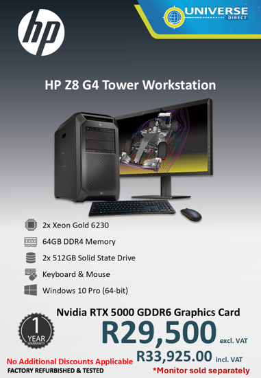 Picture of HP Workstation Z8 G4 2x XEON GOLD 6230 64GB 2x 512GB SSD  W10P RTX5000 Graphics Card